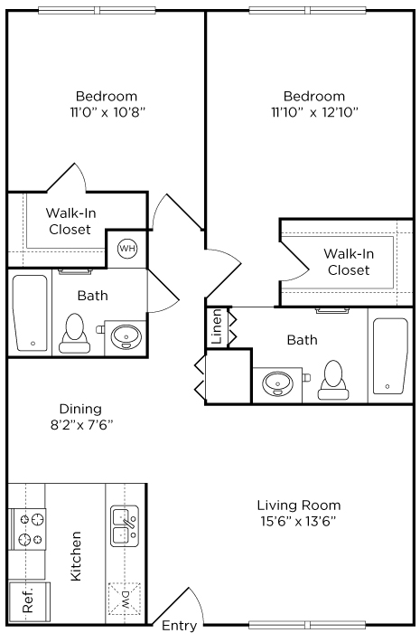 Floor plan for 2 beds, 2 baths, 932 sqft